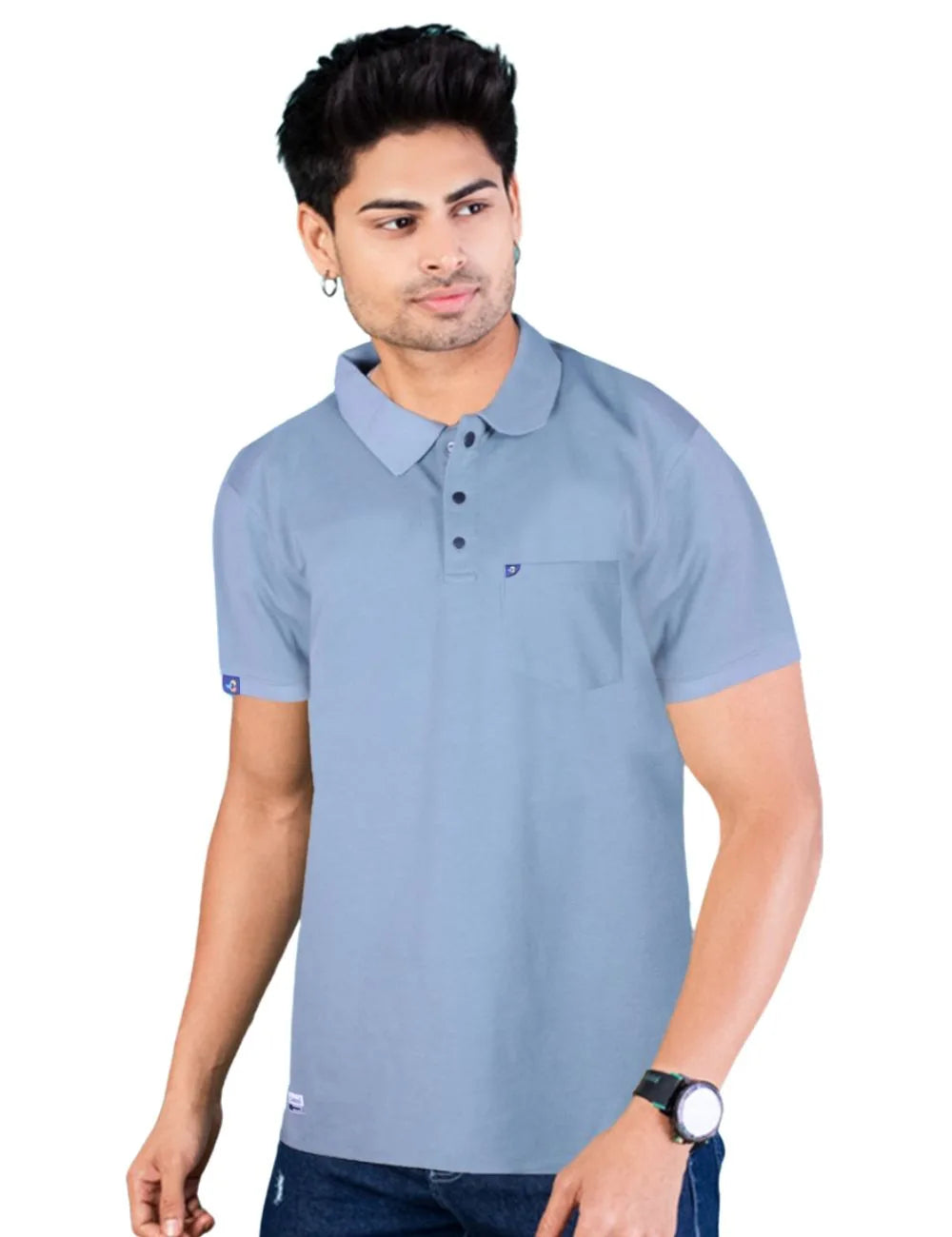 Delizo premium plain polo with pocket steel blue colour